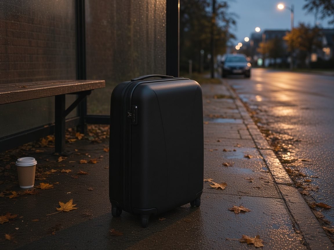 A lone matte black hard-shell suitcase with a smooth plastic shell standing on a wet footpath beside a brick bus shelter at dusk, with fallen leaves and a paper cup around it