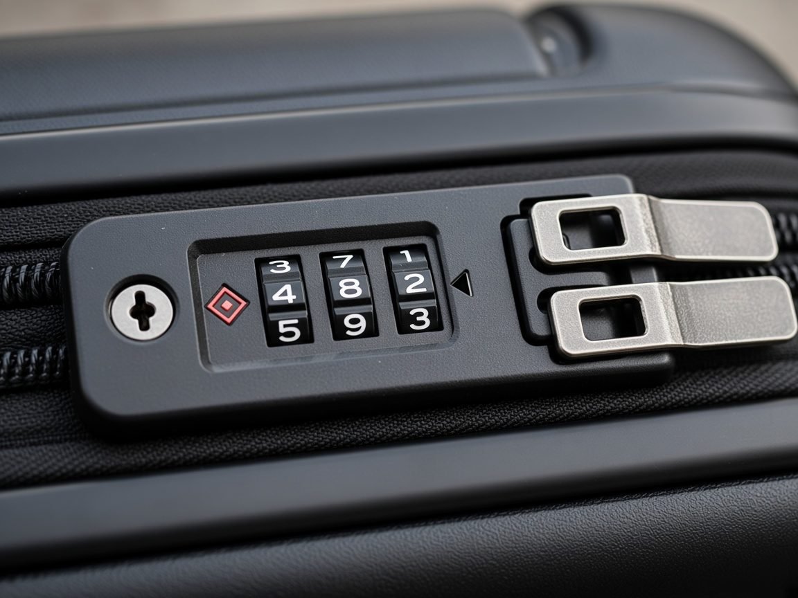 Close-up of a built-in three-dial combination lock on a black hard-shell suitcase, each dial showing a digit with the two adjacent digits visible above and below it, next to a red TSA-style diamond mark